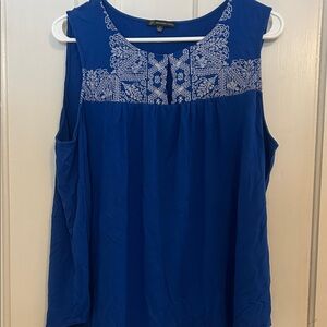 Blue Sleeveless Blouse with White Embroidery